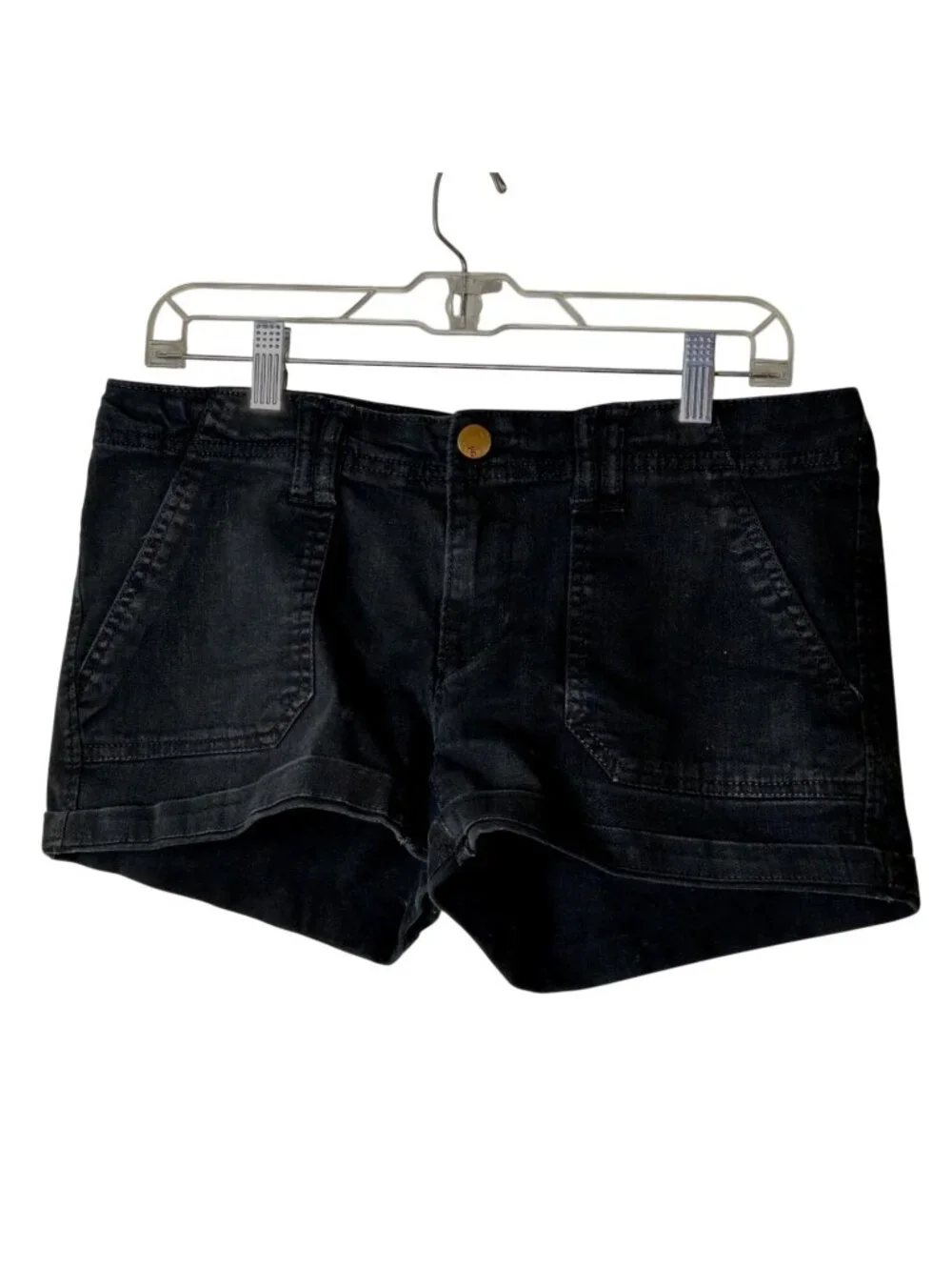 Faded Glory Womens 10 Jean Shorts Black Denim Casual Stretch Pockets Grunge Hip